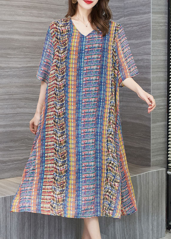 Loose Colorblock V Neck Print Patchwork Chiffon Dresses Summer