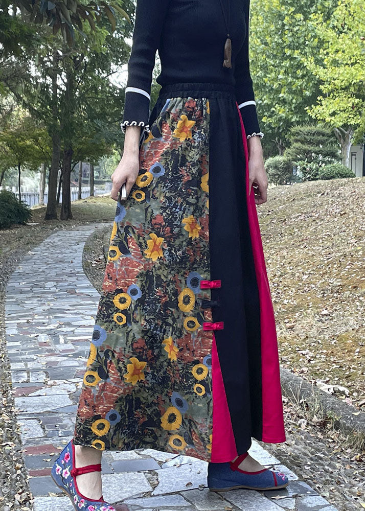 Loose Colorblock Wrinkled Print Chinese Button Patchwork Cotton Skirts Fall