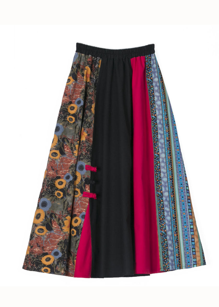 Loose Colorblock Wrinkled Print Chinese Button Patchwork Cotton Skirts Fall