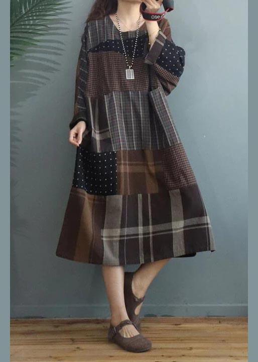 Loose Cotton Linen Dress Casual Spring Stitching Dots Plaid Dress - Omychic