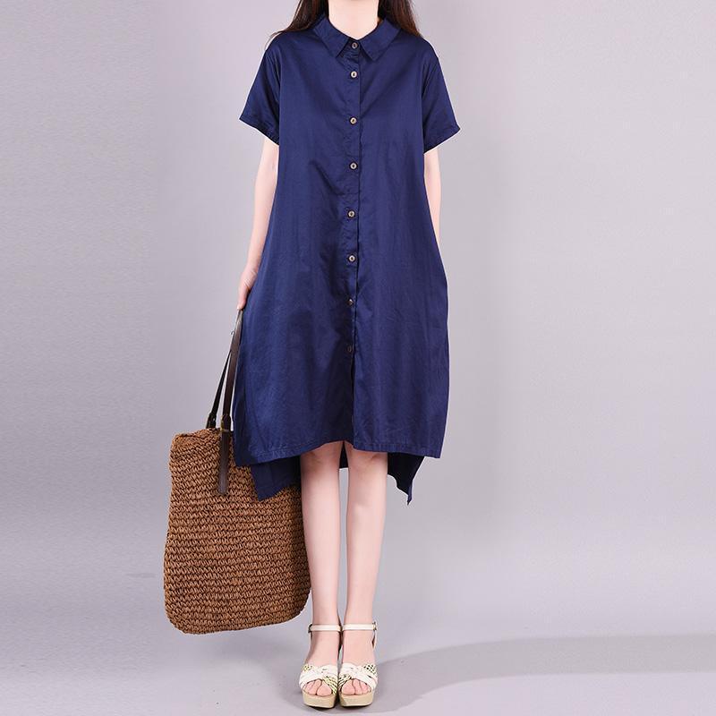 Loose Cotton dresses Organic Summer Casual Elegant Polo Collar Shirt Dress - Omychic
