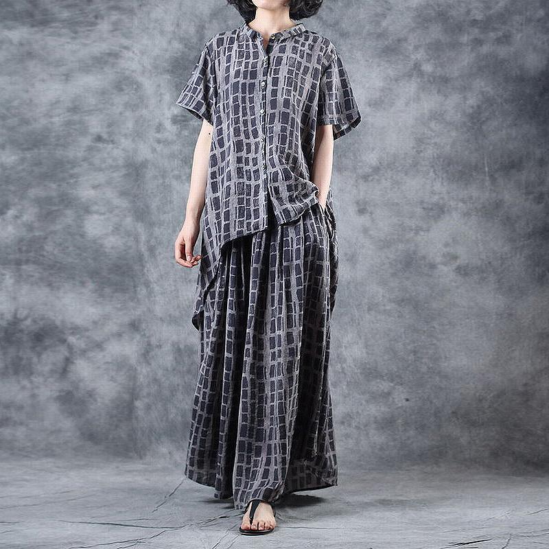 Loose Cotton quilting clothes top quality Vintage Plaid Blouse And Wide Leg Pants - Omychic