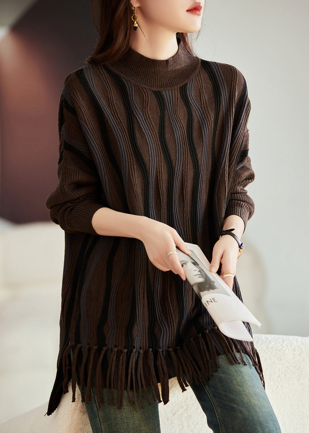 Loose Cozy Black Coffee Tasseled Thick Knit Sweaters Winter