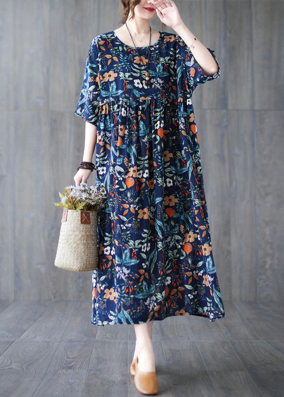 Loose Dark Blue O-Neck Print Wrinkled Robe Dresses Short Sleeve