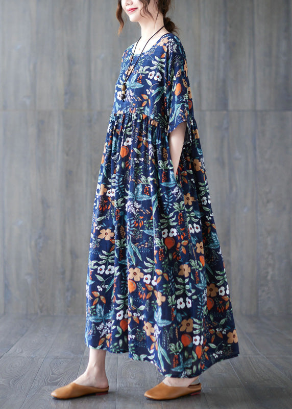 Loose Dark Blue O-Neck Print Wrinkled Robe Dresses Short Sleeve