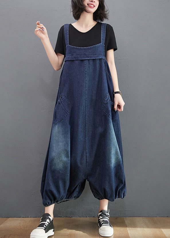 Loose Dark Blue Slash Neck Patchwork Lantern Jumpsuit Summer