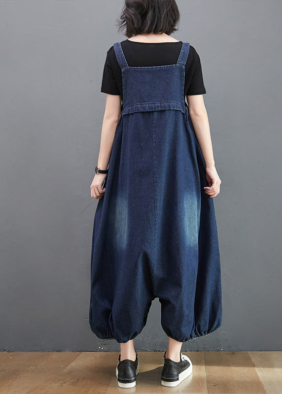 Loose Dark Blue Slash Neck Patchwork Lantern Jumpsuit Summer