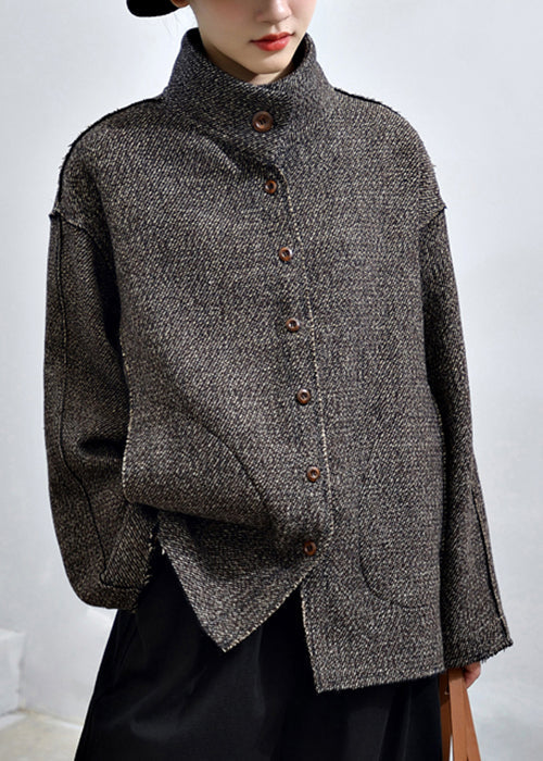 Loose Dark Gray Button Pockets Patchwork Cashmere Coats Fall