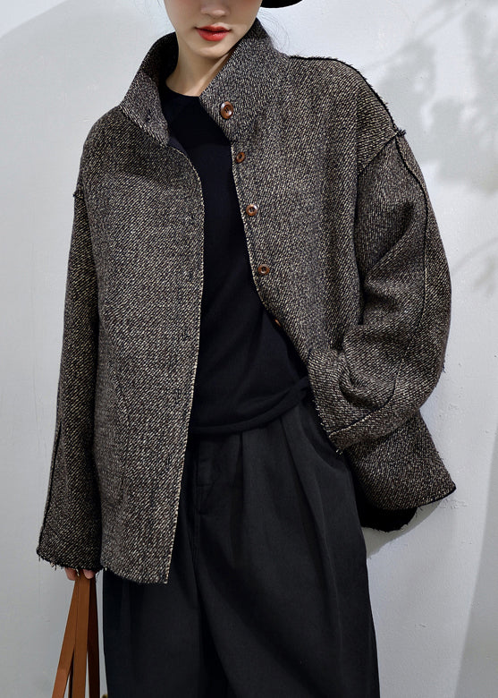 Loose Dark Gray Button Pockets Patchwork Cashmere Coats Fall