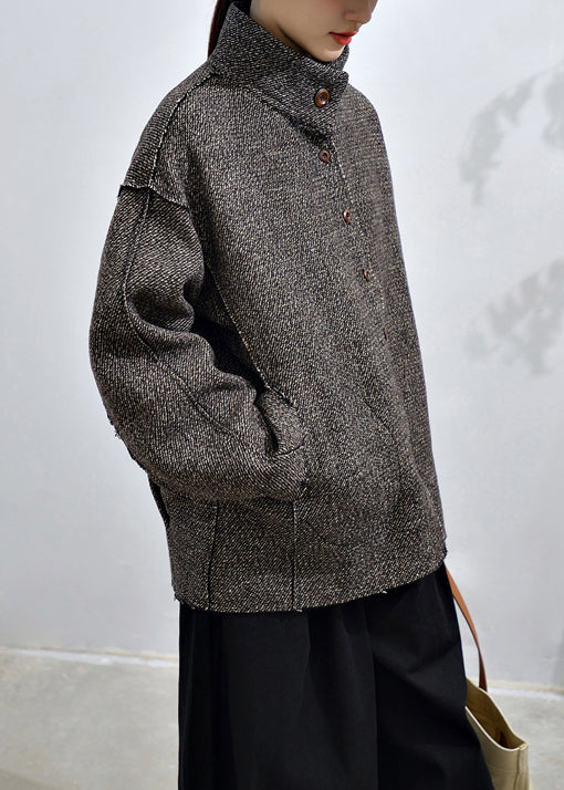 Loose Dark Gray Button Pockets Patchwork Cashmere Coats Fall