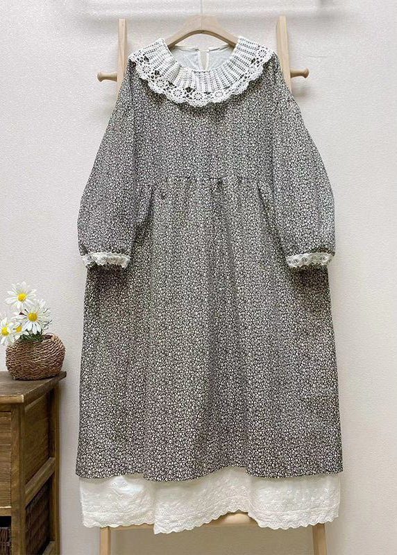 Loose Dark Gray Hollow Out Print Cotton Long Dresses Long Sleeve