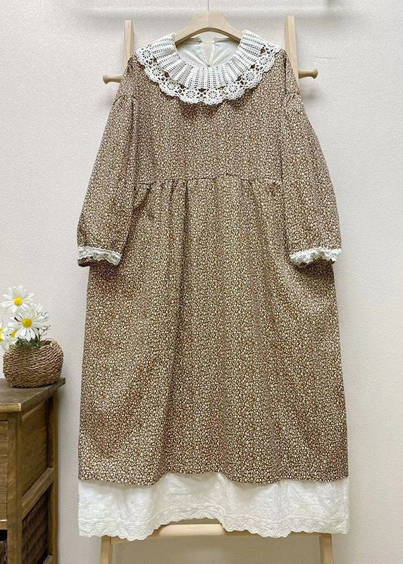 Loose Dark Gray Hollow Out Print Cotton Long Dresses Long Sleeve