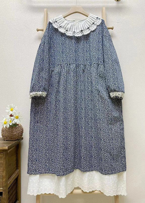 Loose Dark Gray Hollow Out Print Cotton Long Dresses Long Sleeve
