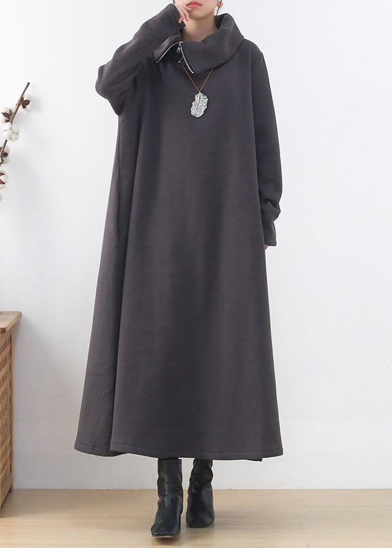 Loose Dark Grey Turtleneck Zippered Cotton Maxi Dress Long Sleeve
