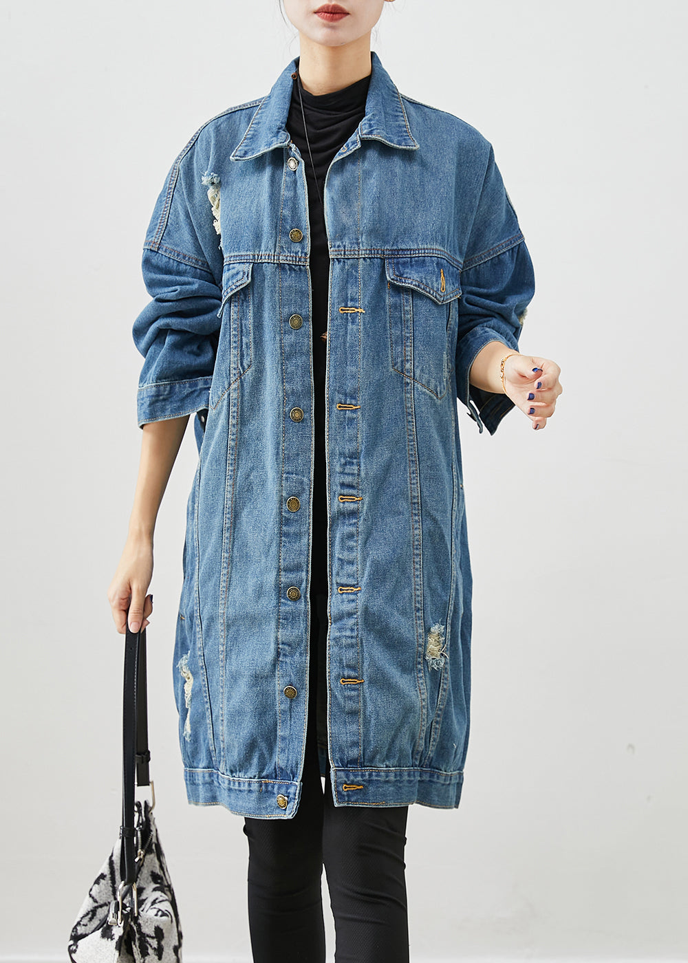 Loose Denim Blue Oversized Pockets Cotton Ripped Coats Fall
