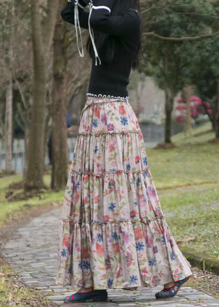 Loose Floral Cinched Print Elastic Waist Patchwork Cotton Skirts Summer