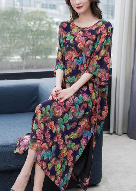 Loose Floral O-Neck Side Open Patchwork Chiffon Long Dresses Summer