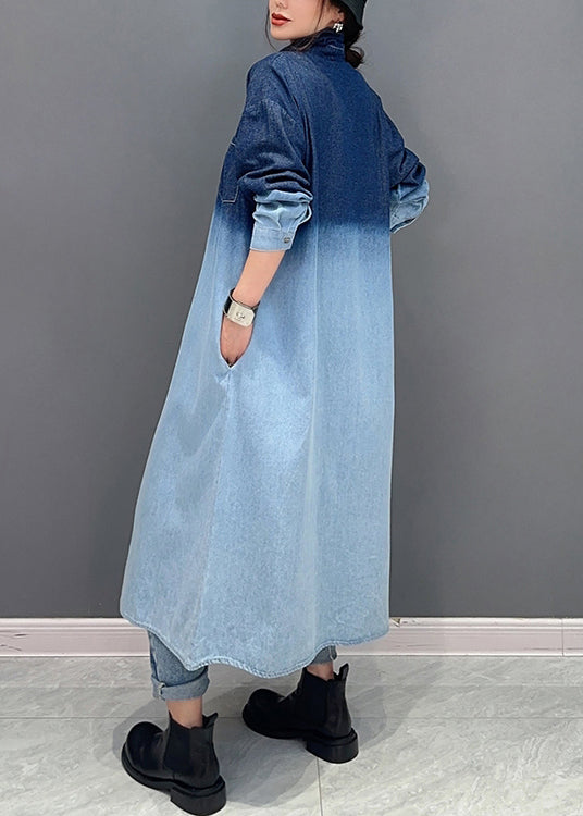 Loose Gradient Color Button Pockets Denim Long Coat Fall