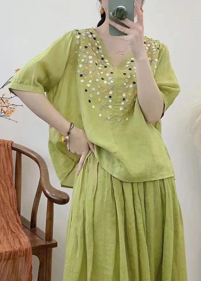 Loose Grass Green V Neck Embroideried Cotton Tops Half Sleeve