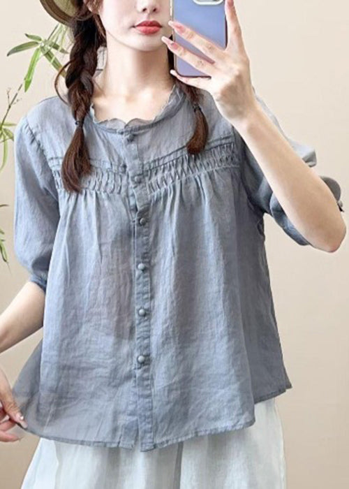 Loose Grayish Blue Ruffled Button Patchwork Cotton Shirt Half Sleeve