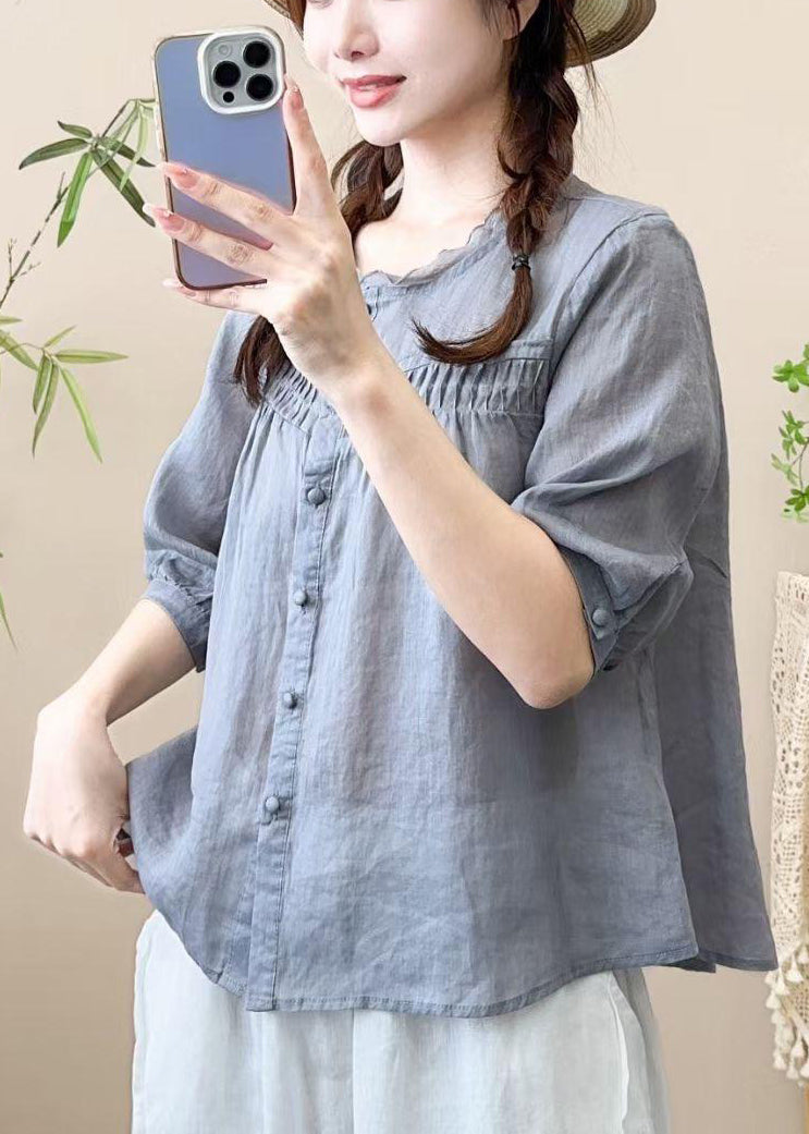 Loose Grayish Blue Ruffled Button Patchwork Cotton Shirt Half Sleeve