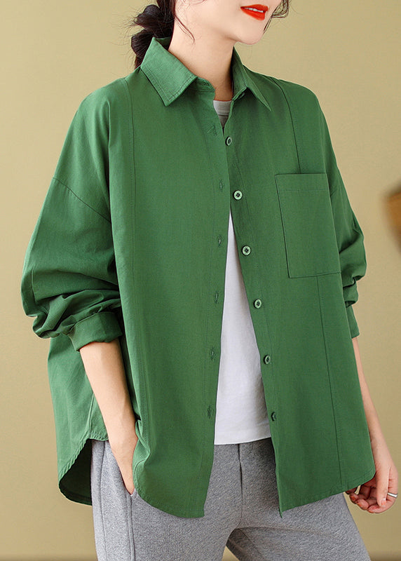Loose Green Button Pockets Cotton Shirt Long Sleeve