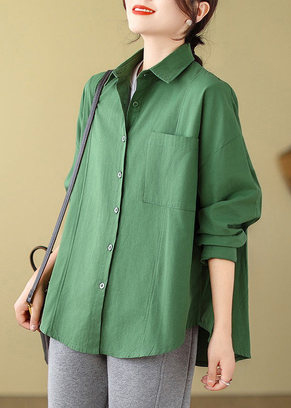 Loose Green Button Pockets Cotton Shirt Long Sleeve