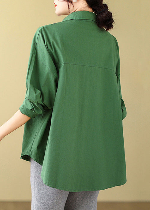 Loose Green Button Pockets Cotton Shirt Long Sleeve