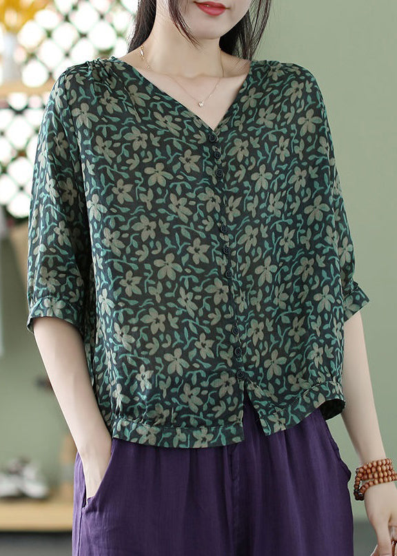 Loose Green Button Print Cotton Blouse Half Sleeve