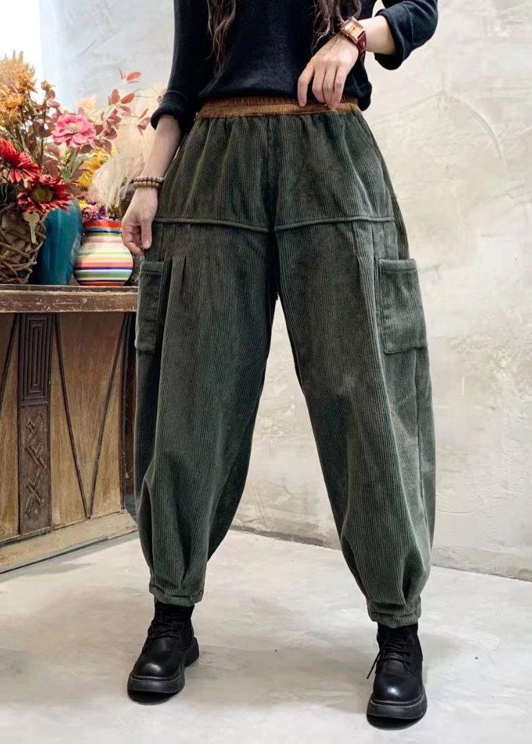 Loose Green Corduroy Patchwork Thick Cargo Winter Pants - Omychic