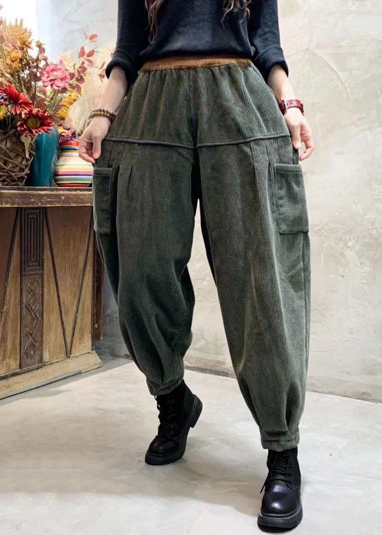 Loose Green Corduroy Patchwork Thick Cargo Winter Pants - Omychic