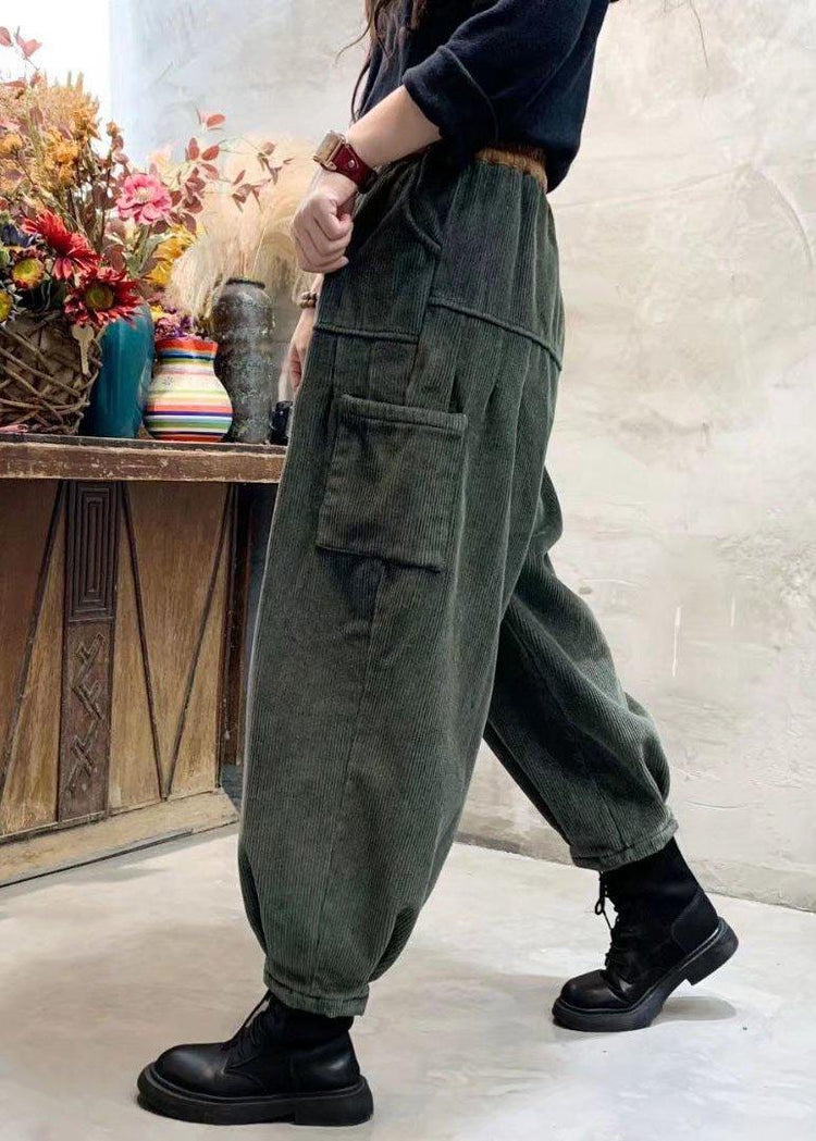 Loose Green Corduroy Patchwork Thick Cargo Winter Pants - Omychic