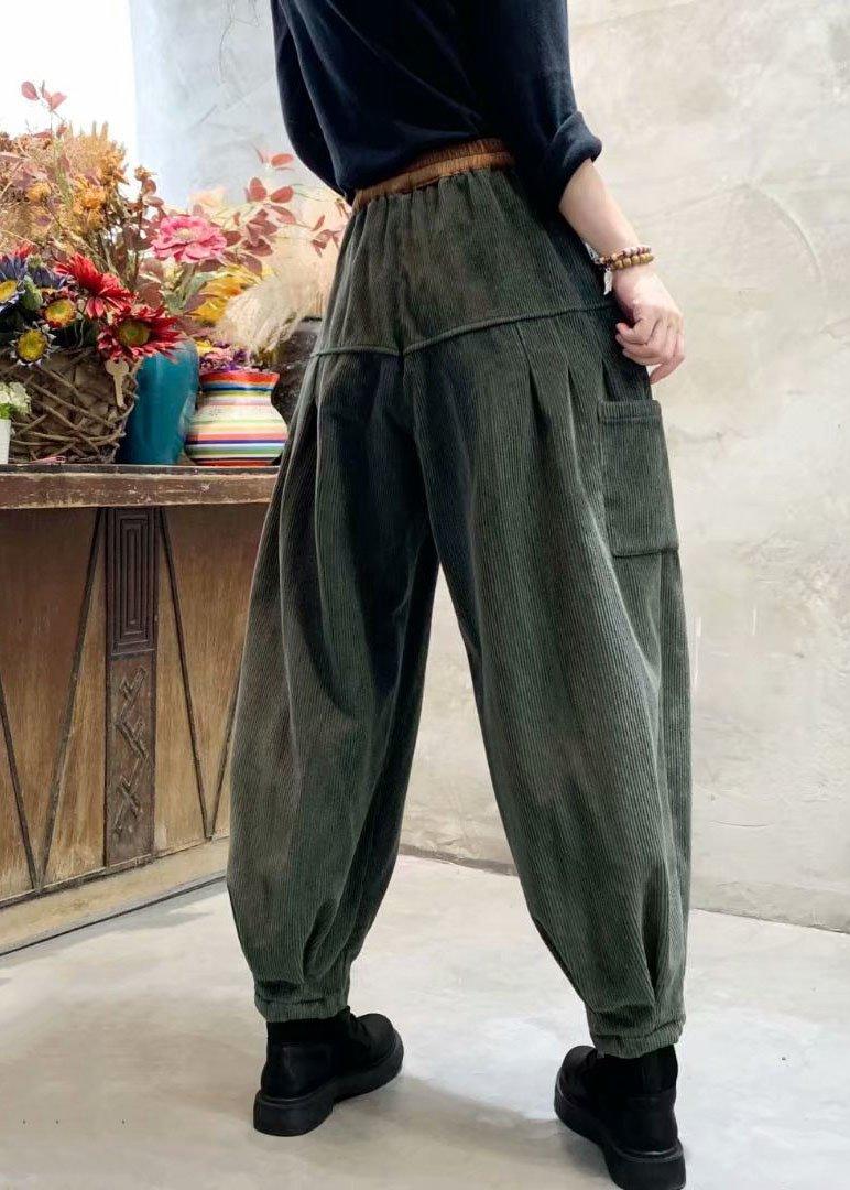 Loose Green Corduroy Patchwork Thick Cargo Winter Pants - Omychic