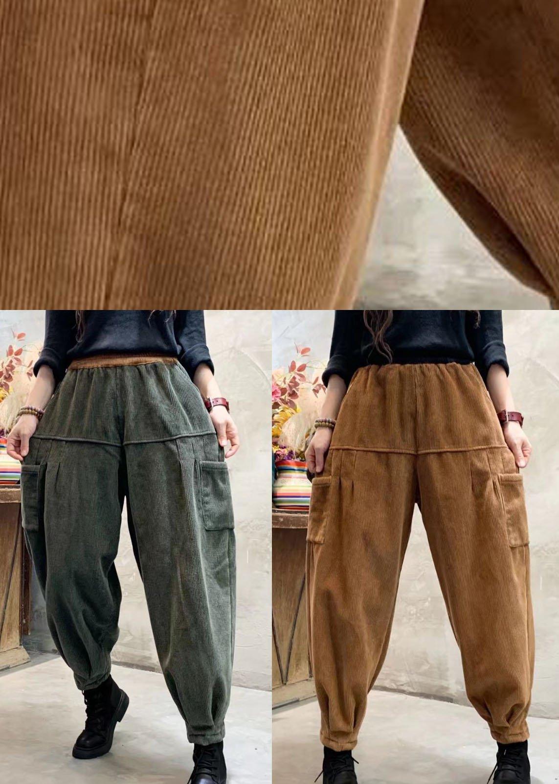 Loose Green Corduroy Patchwork Thick Cargo Winter Pants - Omychic