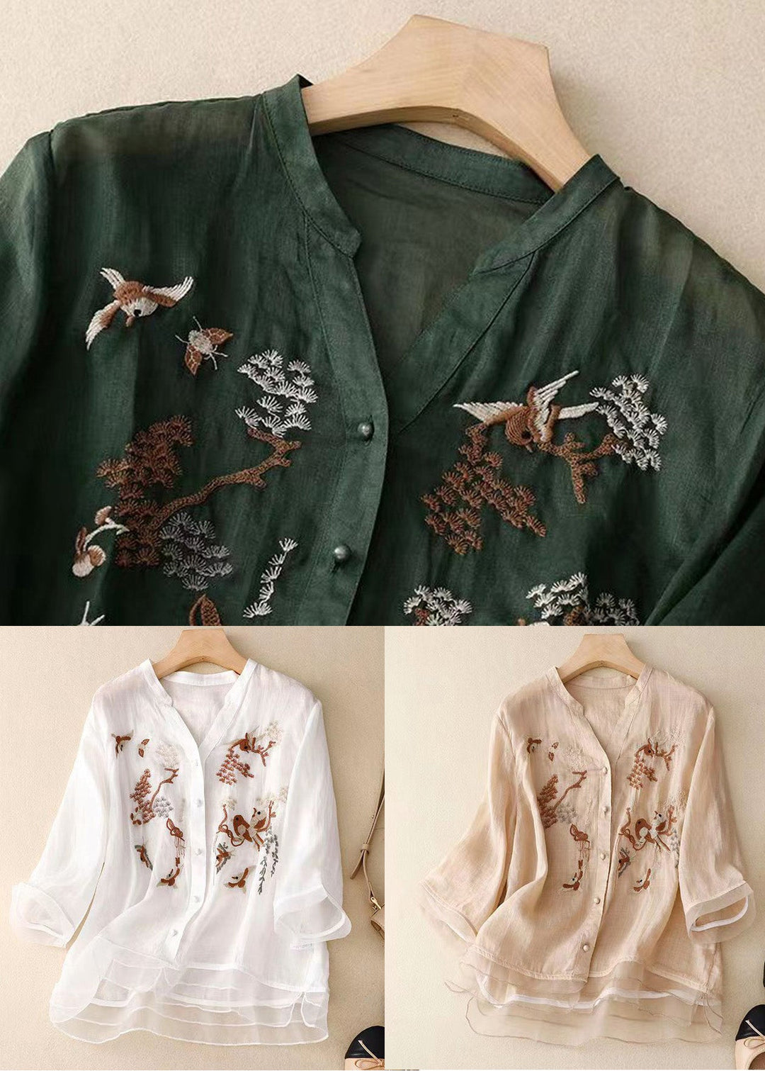 Loose Green Embroideried Button Patchwork Cotton Top Spring