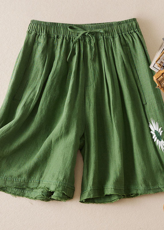Loose Green Embroideried Pockets Patchwork Linen Shorts Summer