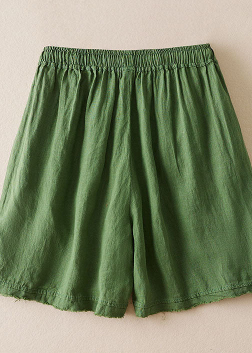 Loose Green Embroideried Pockets Patchwork Linen Shorts Summer