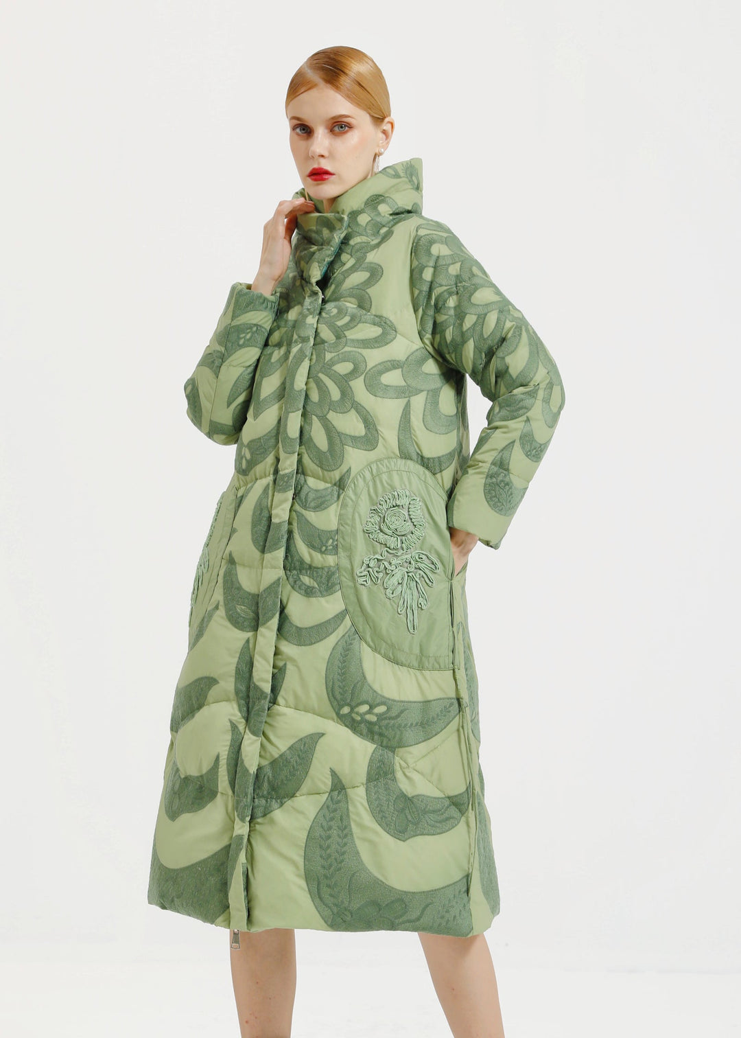 Loose Green Hooded Embroideried Patchwork Duck Down Long Coat Winter