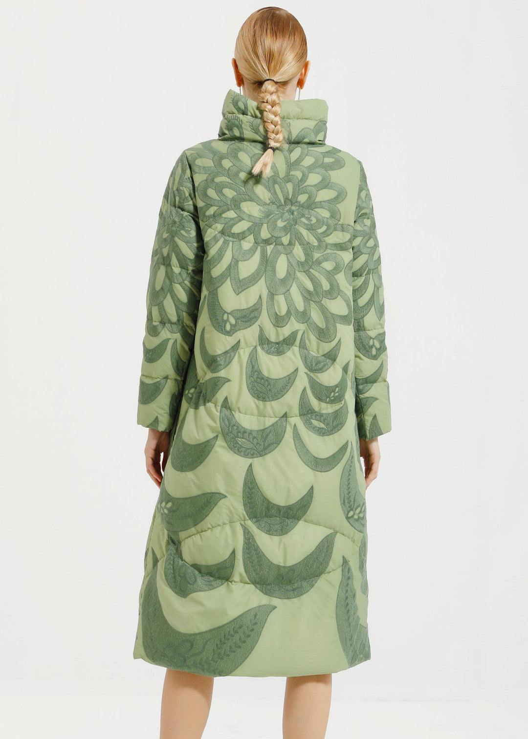 Loose Green Hooded Embroideried Patchwork Duck Down Long Coat Winter