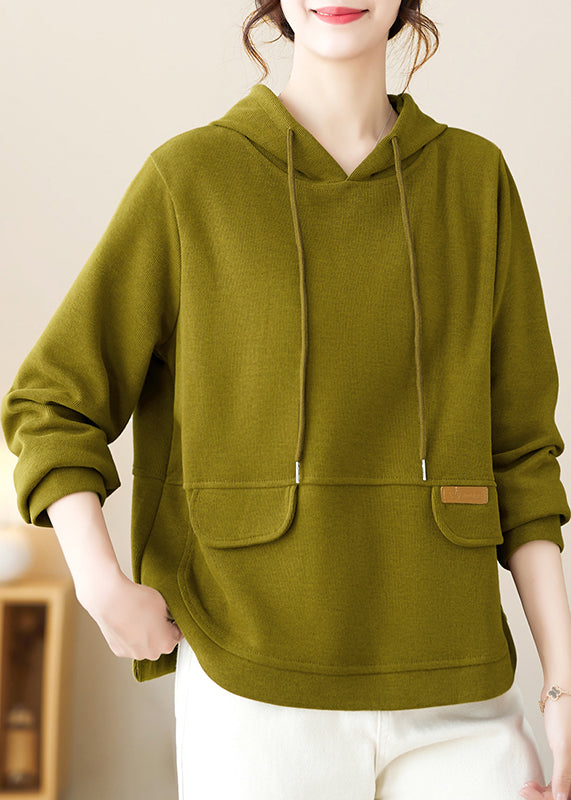 Loose Green Hooded Patchwork Cotton Pullover Streetwear Fall