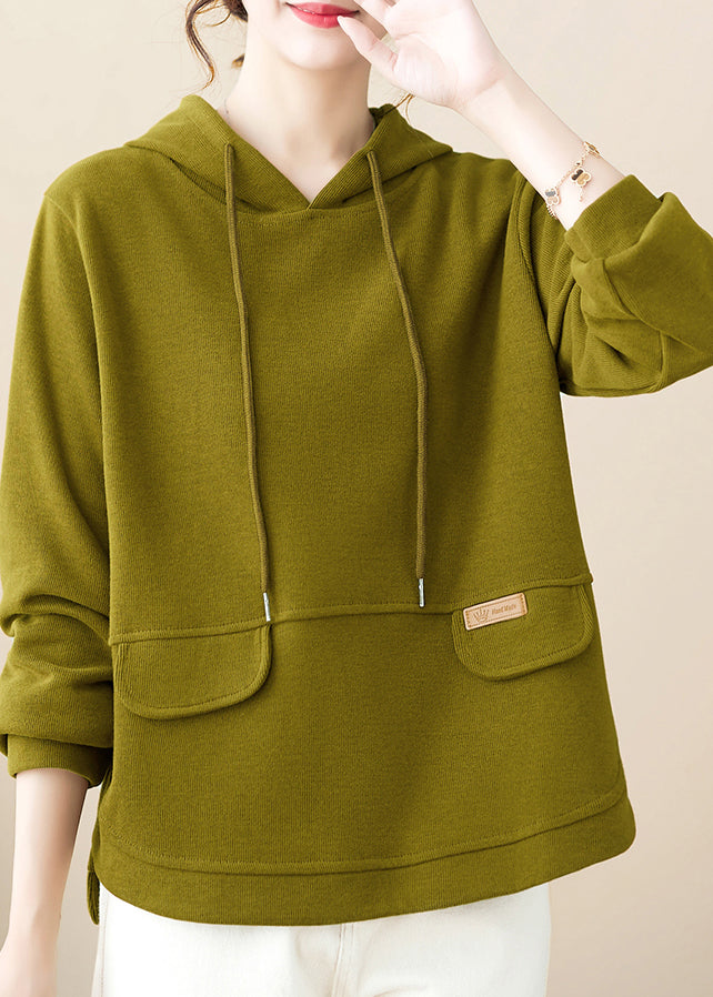 Loose Green Hooded Patchwork Cotton Pullover Streetwear Fall