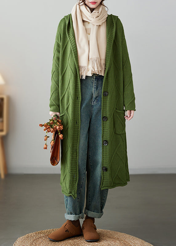 Loose Green Hooded Pockets Patchwork Knit Cardigan Coat Fall