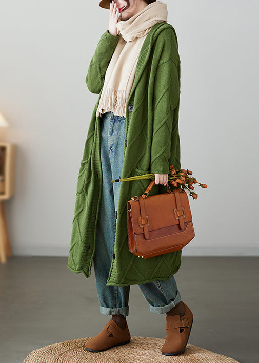 Loose Green Hooded Pockets Patchwork Knit Cardigan Coat Fall