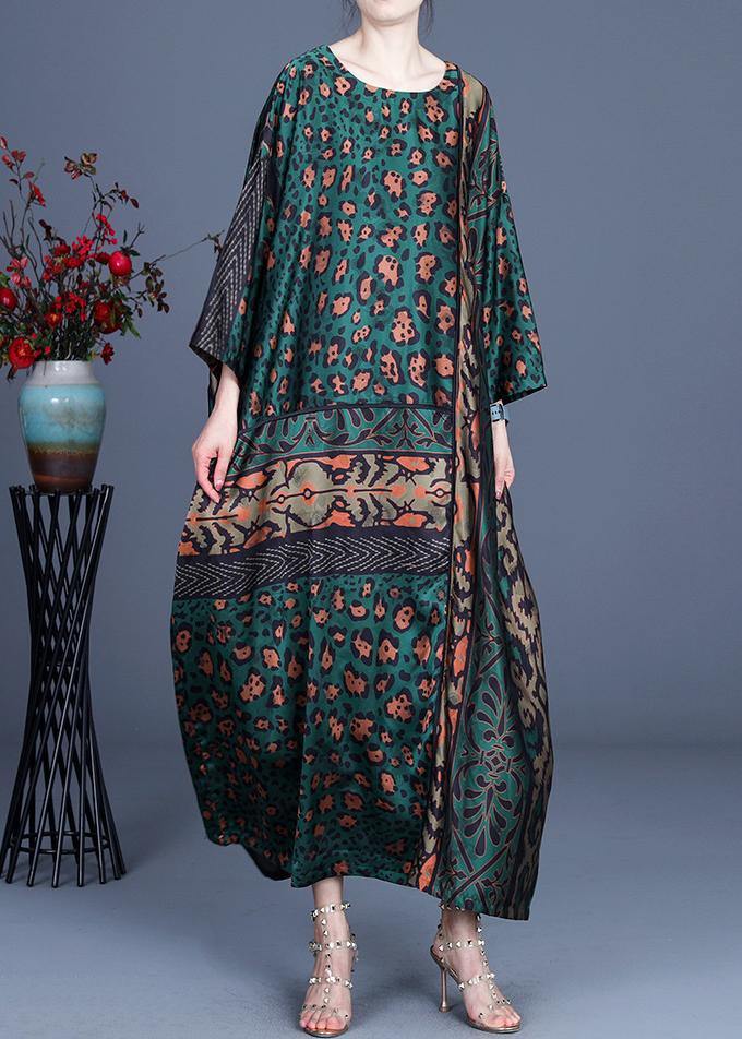 Loose Green Leopard Long sleeve Silk Holiday Dress Summer Spring - Omychic