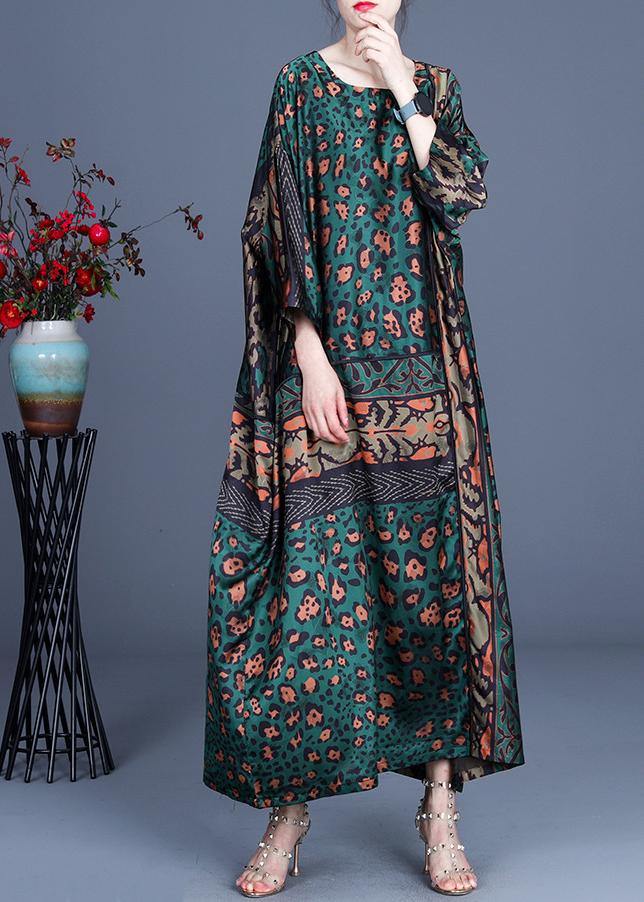 Loose Green Leopard Long sleeve Silk Holiday Dress Summer Spring - Omychic