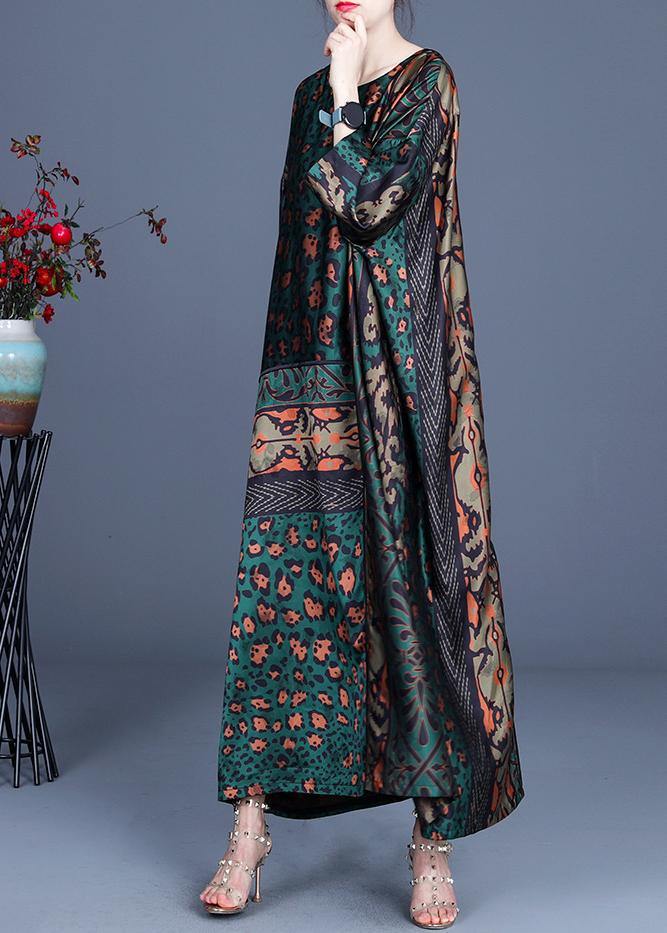 Loose Green Leopard Long sleeve Silk Holiday Dress Summer Spring - Omychic