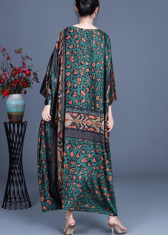 Loose Green Leopard Long sleeve Silk Holiday Dress Summer Spring - Omychic