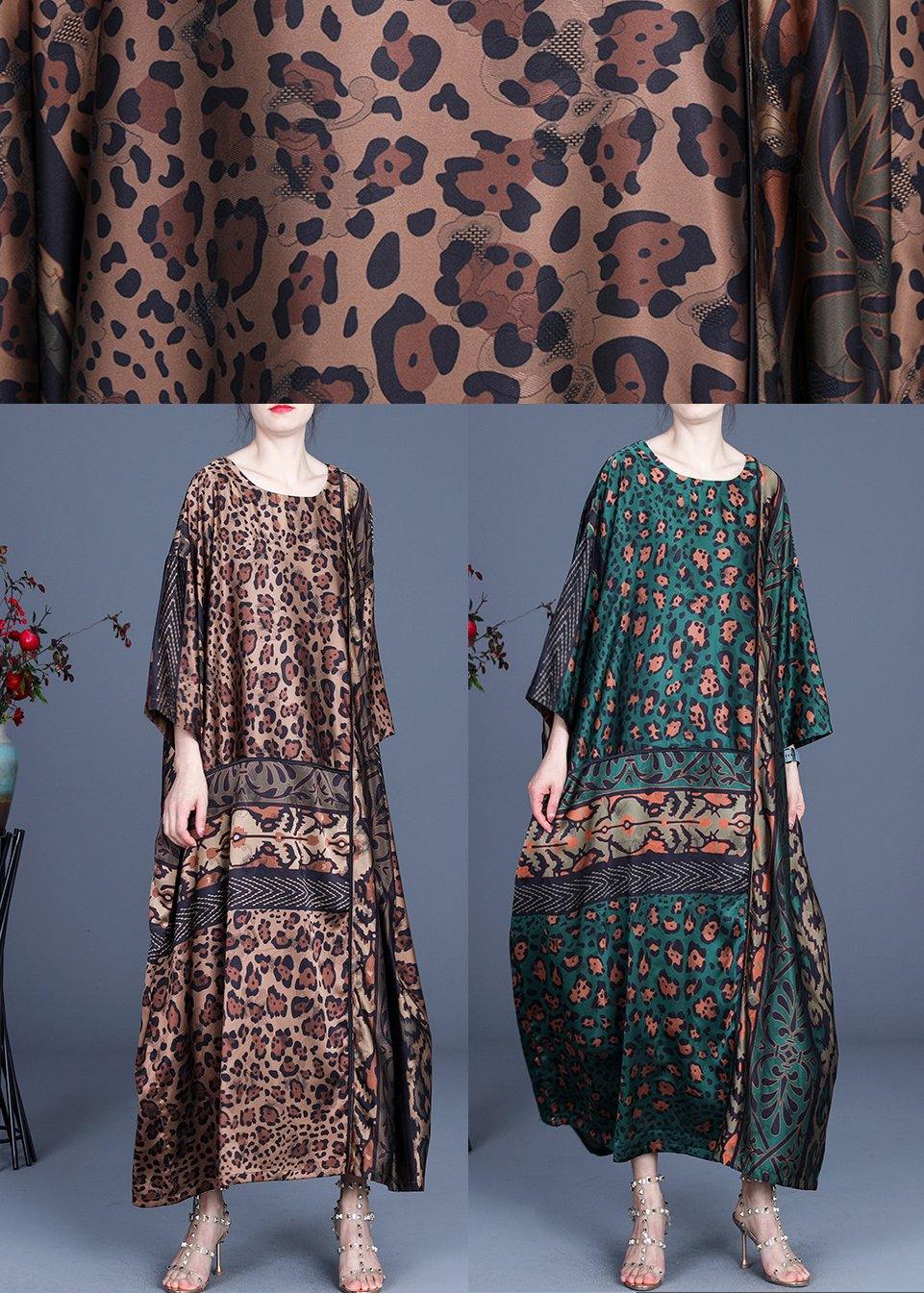 Loose Green Leopard Long sleeve Silk Holiday Dress Summer Spring - Omychic