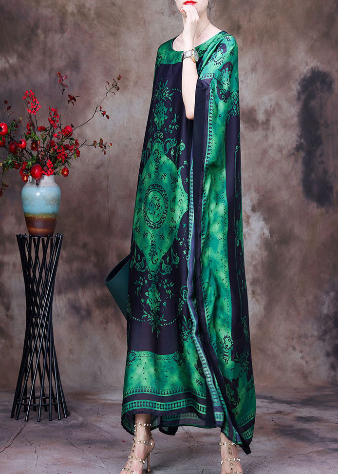 Loose Green O-Neck Asymmetrical Design Print Silk Beach Dress Gown Batwing Sleeve