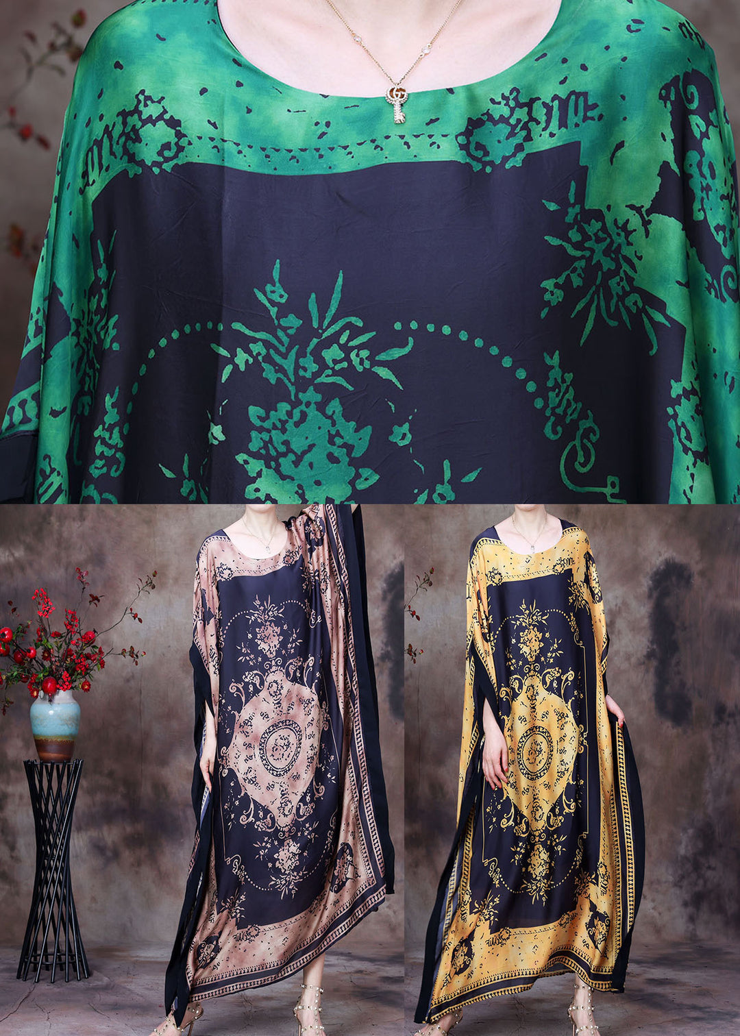 Loose Green O-Neck Asymmetrical Design Print Silk Beach Dress Gown Batwing Sleeve